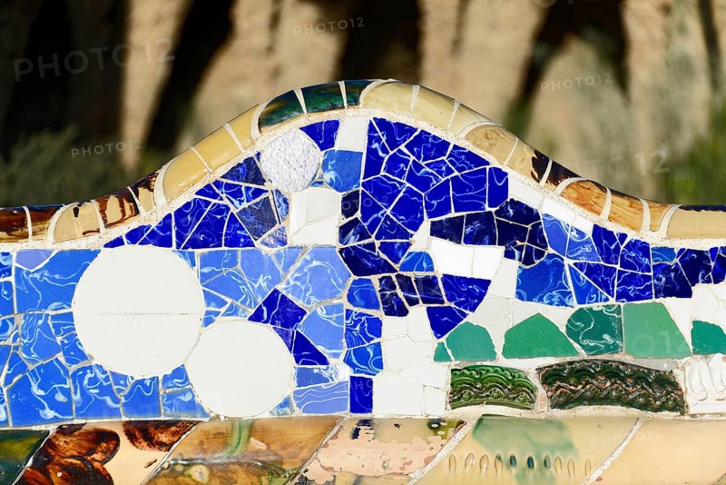 Antoni Gaudi, Park Guell, UNESCO World Heritage Site, Barcelona, Catalonia, Spain, Europe, mosaic in shades of blue and green with geometric shapes and nature-inspired designs, Europe