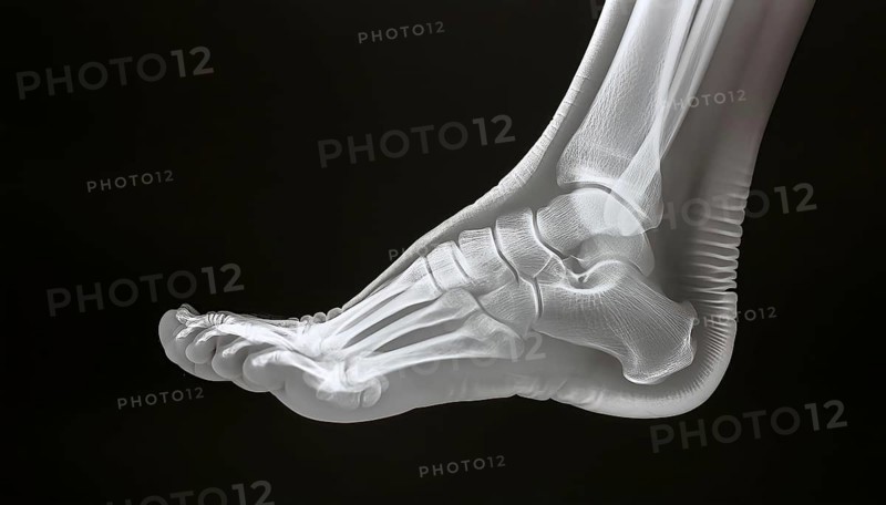 Detailed X-ray image of a human foot with visible skeleton in front of a dark background, AI generated, AI generated