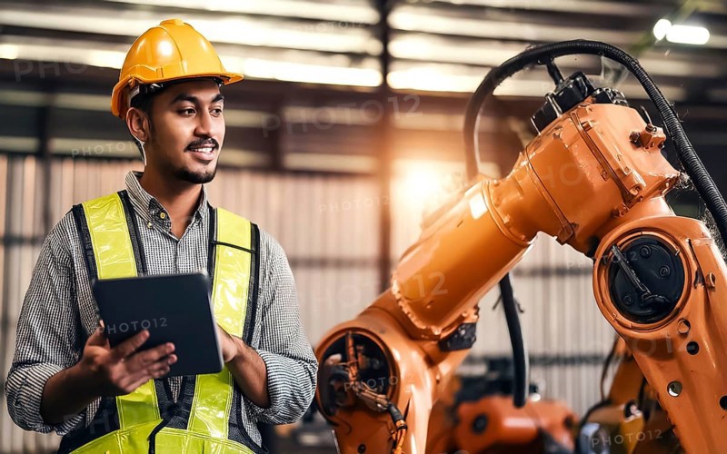 Industrial engineer with tablet control, automation of robot arms, intelligent monitoring, AI generated, AI generated