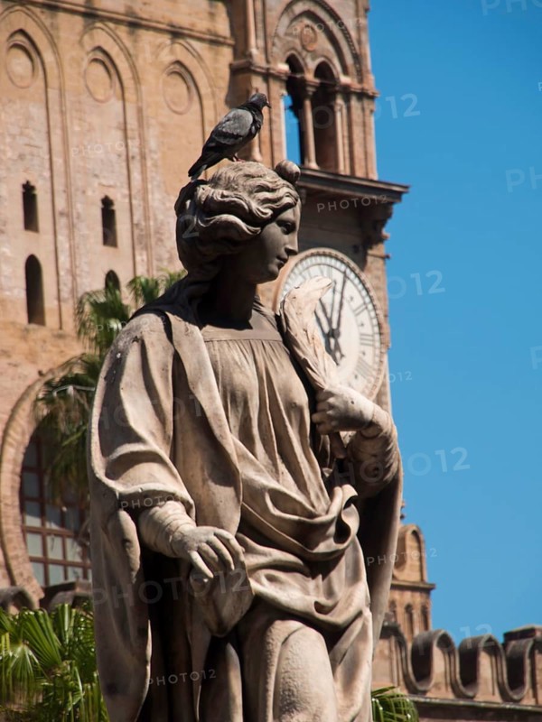 Stone statue with a dove on its head, a clock tower rises in the background, palermo in sicily with an impressive cathedral, monuments and old houses with balconies, palm trees and flowers in italy, palermo, sicily
