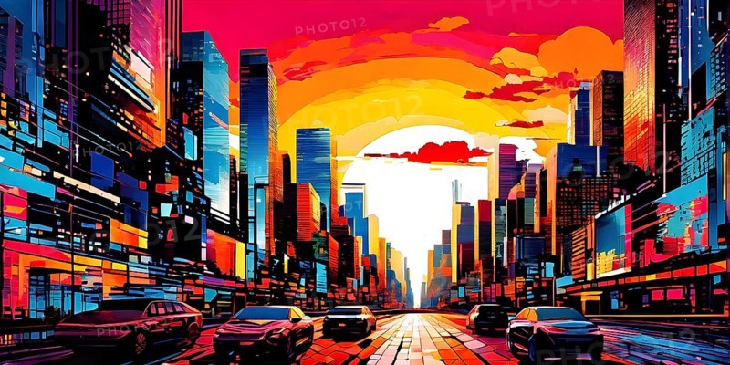 Urban cityscape collage featuring a mosaic of vibrant colors, AI generated