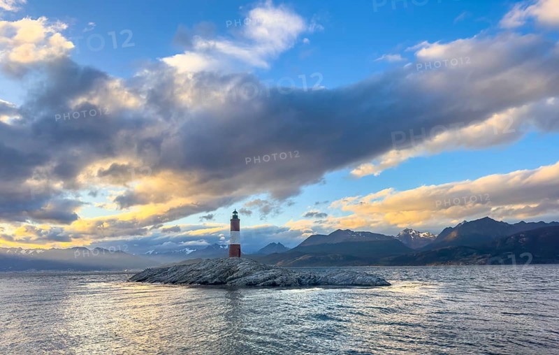Lighthouse Faro Les Eclaireurs at sunset, dramatic clouds, Beagle Channel, Tierra del Fuego, Tierra del Fuego, Argentina, South America