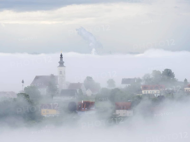Church rises out of the morning mist, Frauenberg pilgrimage church, near Leibnitz, Styria, Austria, Europe