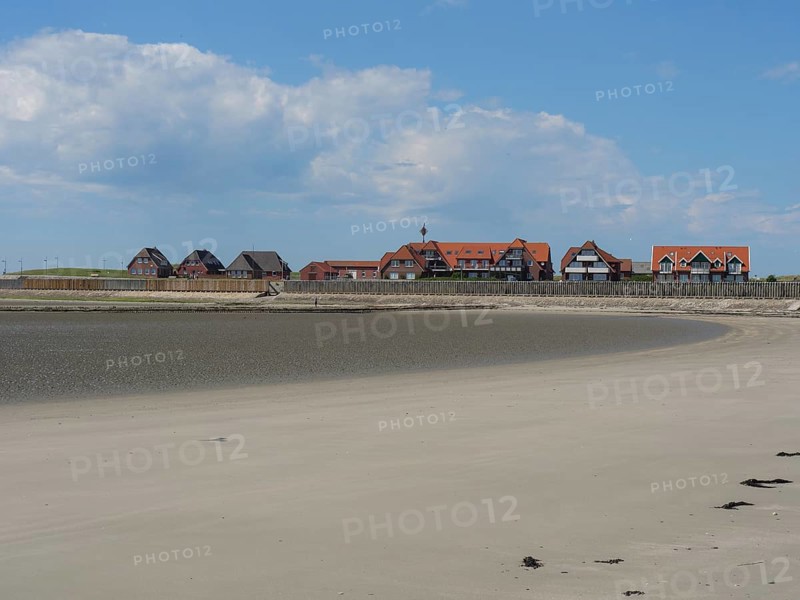 Coastal area with several houses, bordering the beach and the sea, under blue sky with clouds, Baltrum Germany