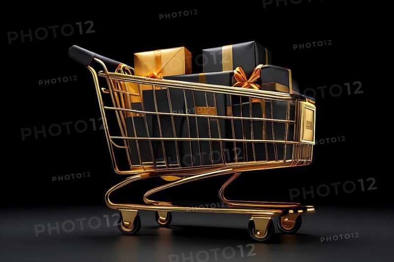 Black friday shopping cart brimming with black gift boxes tied with golden ribbons against a dark grey background, AI generated