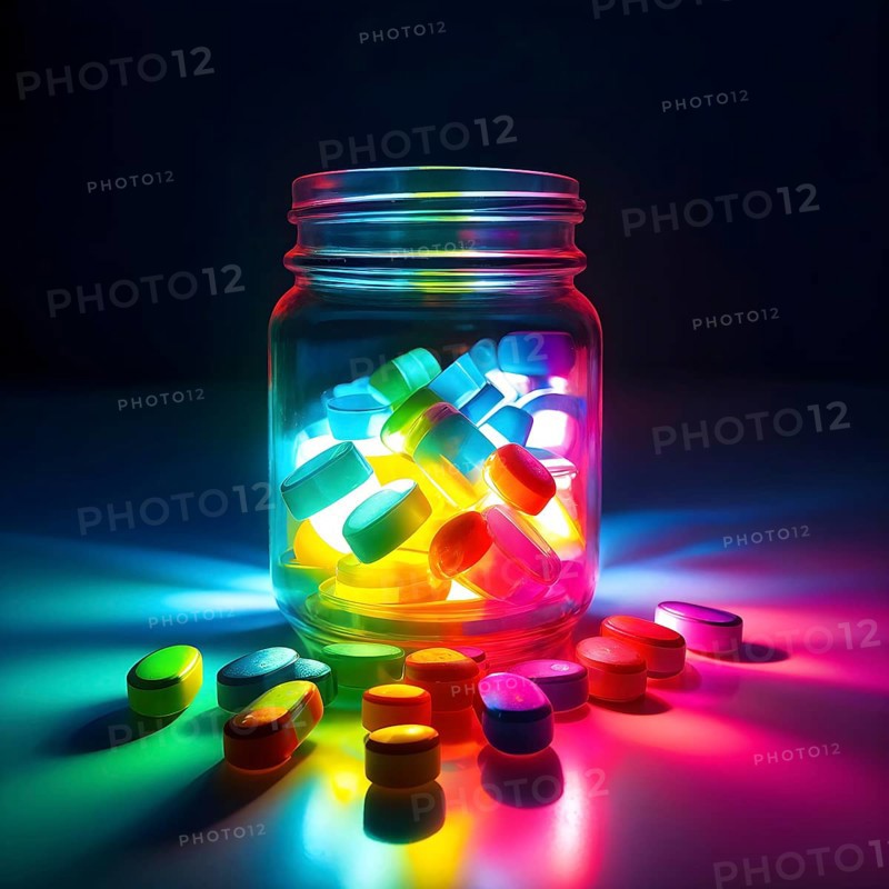 Glass bottle filled with assorted colored painkiller pills, AI generated