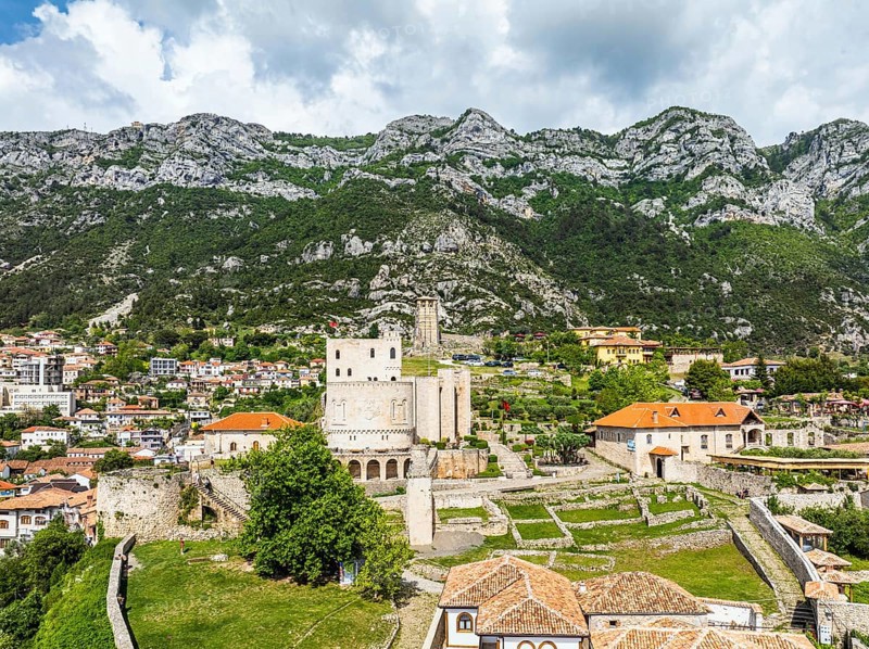 Kruje and Mount Kruje from a drone, Ishem River, Albania, Europe
