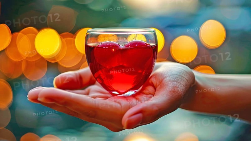A glass with a heart-shaped design held in a hand, filled with red liquid, against a warm, bokeh-lit background