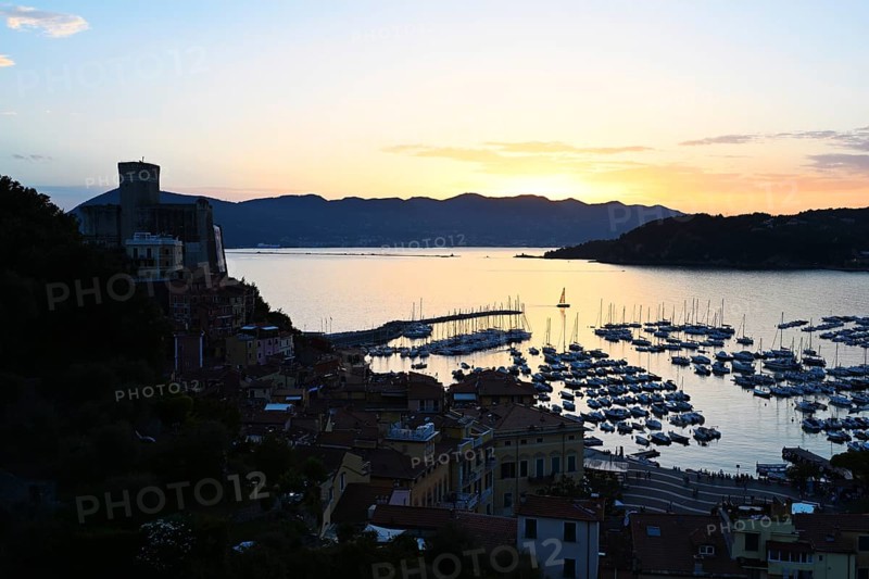 Panorama of evening Lerici at sunset, Ligurian sea, Liguria, Italy, Europe