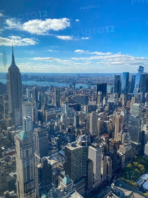 New York skyline in daylight, the Empire State Building is striking under a cloudy sky, new york from above with impressive skyscrapers and clouds in the sky, New york, USA, North America