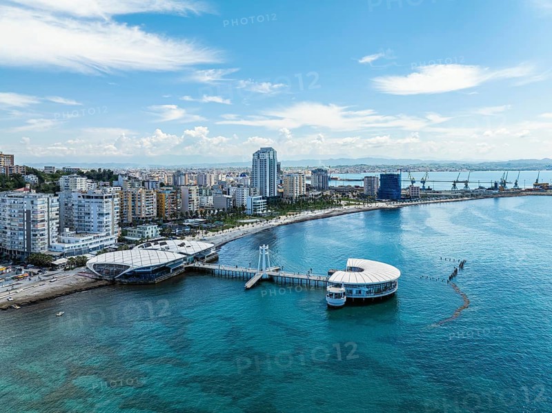 Pier and Promenade in Durres from a drone, Adriatic Sea, Albania, Europe