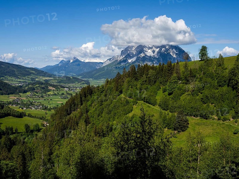 Enns Valley, Grimming in the background and the Hohe Dachstein with glacier, near Aigen im Ennstal, Styria, Austria, Europe