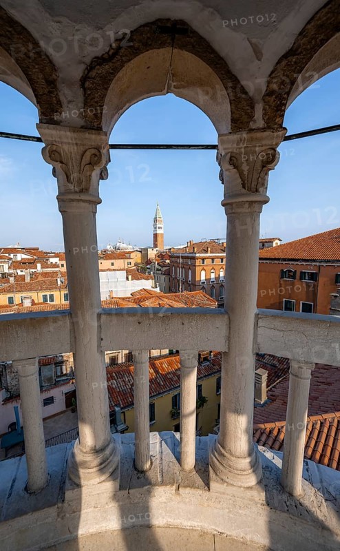 View of houses in Venice with campanile from the tower of Palazzo Contarini del Bovolo, palace with spiral staircase, Venice, Veneto, Italy, Europe