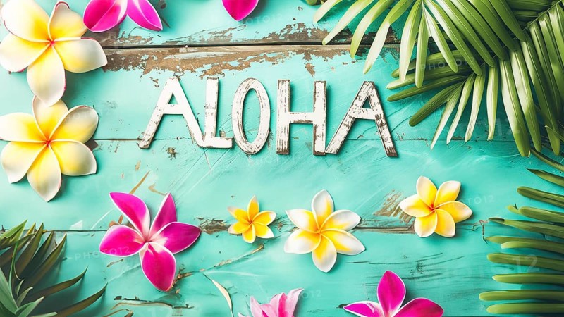 Flat lay style of Hawaiian concept on seafoam green rusty wooden background, AI generated