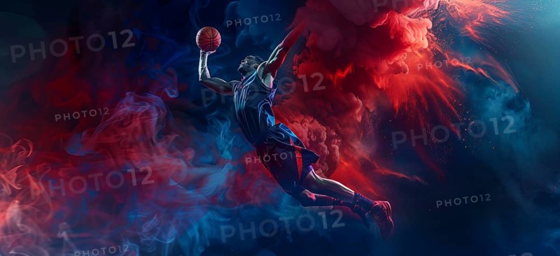 Basketball player jumping in the air with a basketball ready to slam dunk, AI generated