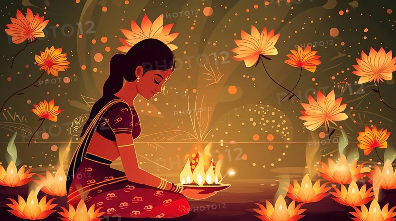 A woman in traditional clothing holds oil lamps, surrounded by lotus flowers at night, AI generated