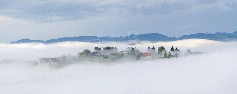 Morning fog over the village Frauenberg, panoramic picture, view from the Silberberg, near Leibnitz, Styria, Austria, Europe