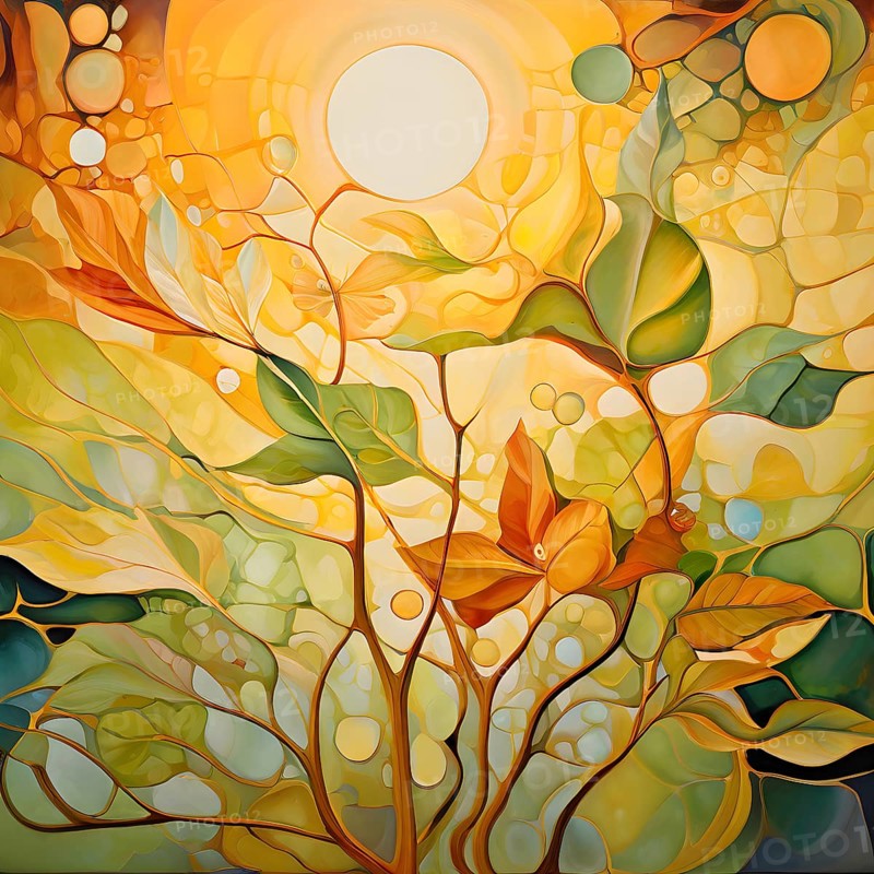 Abstract digital painting embodying sustainability with intertwining leaves glisten with water droplets, AI generated