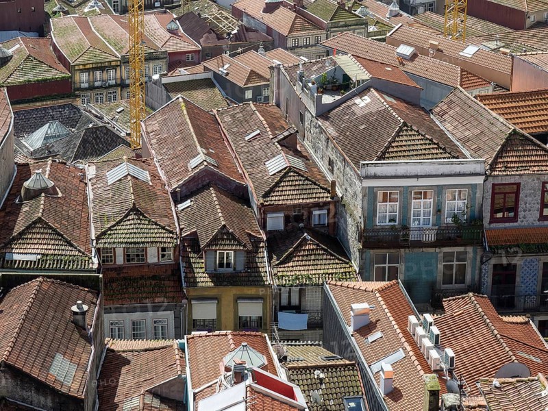 Tightly packed houses with red tiled roofs and windows that characterise the city panorama, old town with historic houses and red roofs in poertugal, porto, portugal