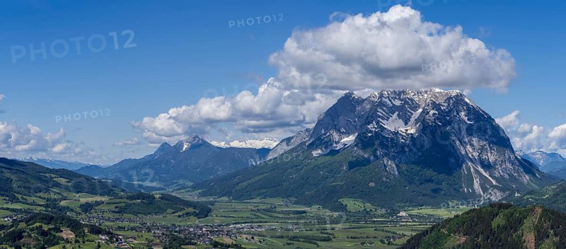 View from the Stalingrad Chapel into the Enns Valley, Grimming, Hoher Dachstein, Kammspitze, panoramic view, Aigen im Ennstal, Styria, Austria, Europe