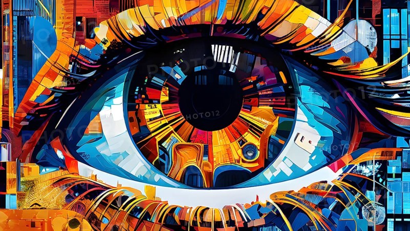 Illustration mosaic collage of an abstract detailed eye morphing into urban cityscape, AI generated