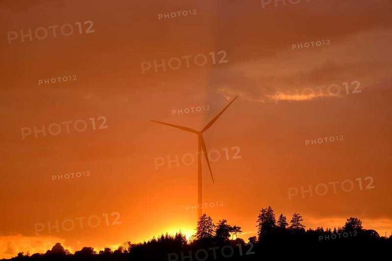 Silhouette of a wind turbine against an orange sunset sky with trees in the foreground, Upper Palatinate