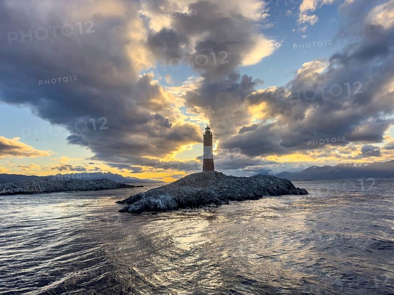 Lighthouse Faro Les Eclaireurs at sunset, dramatic clouds, Beagle Channel, Tierra del Fuego, Tierra del Fuego, Argentina, South America