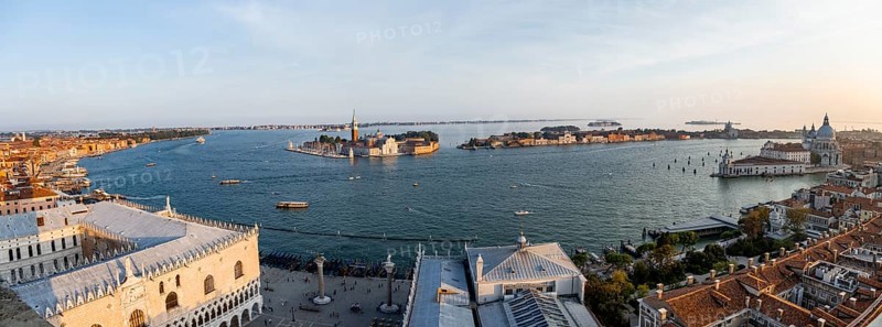 Evening atmosphere, Doge's Palace and St Mark's Square, Isola di San Giorgio Maggiore with San Giorgio Maggiore Church and Guidecca Island, view from the Campanile di San Marco bell tower, city view of Venice, Veneto, Italy, Europe