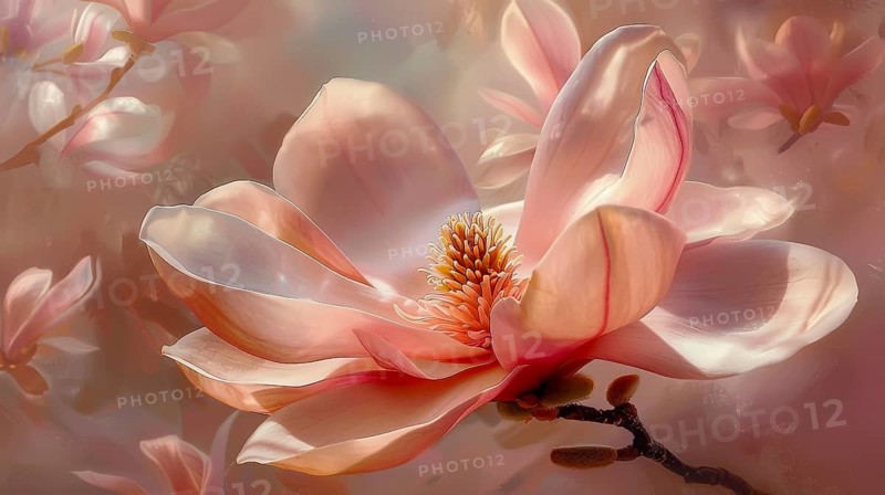 Ethereal close-up of a light pink magnolia flower with softly focused petals and a gentle atmosphere, AI generated