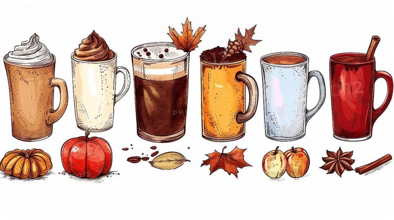 Illustration of various coffee mugs with autumn-themed decorations like leaves, pumpkins and cinnamon sticks, AI generated