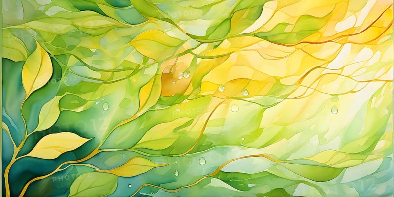 Abstract digital painting embodying sustainability with intertwining leaves glisten with water droplets, AI generated