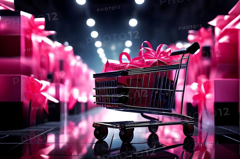 Black friday shopping cart brimming with black gift boxes tied with pink ribbons against a dark grey background, AI generated