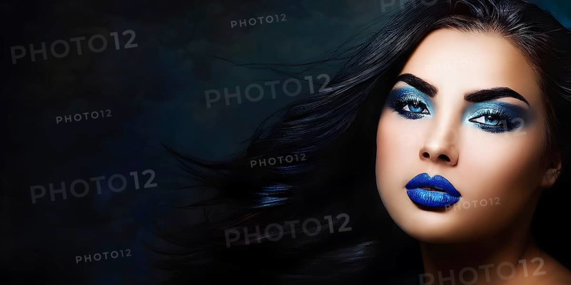 Side view portrait of a woman with blue lips and cyan eye shadow, AI generated