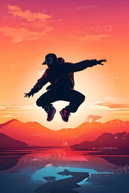 Illustration of a breakdancer silhouette in calm harmony bathed in the breathtaking palette of a sunset, AI generated