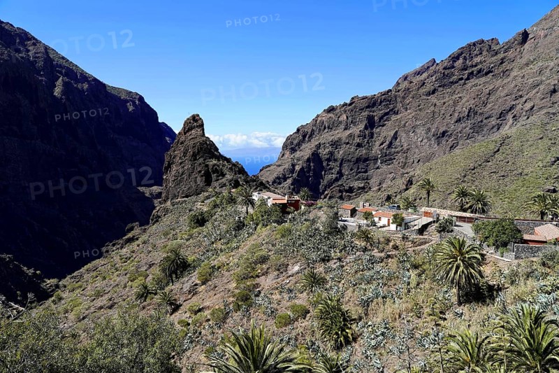 Mountain village Masca, Masca Gorge, Montana Teno Mountains, Tenerife, Canary Islands, Spain, Europe, A village in the mountains with a wide view of the rocks and the blue sky, Europe
