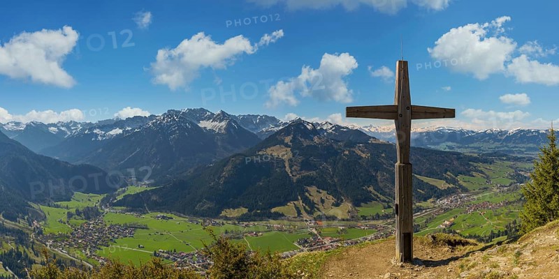 Panorama from Hirschberg, 1456m, into Ostrachtal with Bad Oberdorf, Bad Hindelang and Imberger Horn, 1656m, Oberallgaeu, Allgaeu, Swabia, Bavaria, Germany, Europe