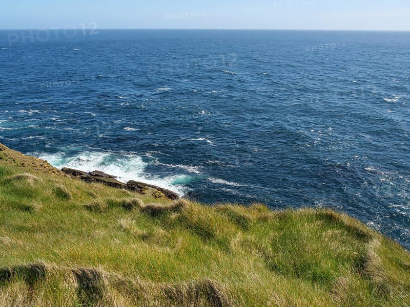 Peaceful coastline with views of the calm sea and grassy fields, green fields on the rugged seashore with blue water, rocks and old houses, lerwick, Scotland, United Kingdom, Europe