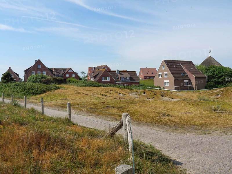 Rural scene with several brick houses in the background and a path through a meadow, Baltrum Germany