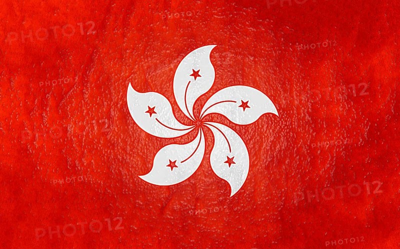 The Hong Kong flag features a white stylized orchid flower with five stars on a red background with a watercolor-like texture