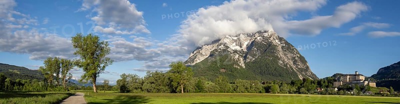 Grimming mountain range, Trautenfels Castle in the morning light, panoramic view, near Irdning, Styria, Austria, Europe