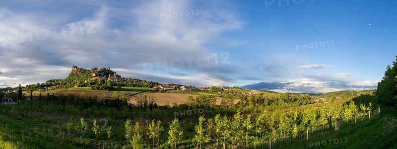 Farmland, Riegersburg Castle in the background, panoramic view, near Riegersburg, Styria, Austria, Europe