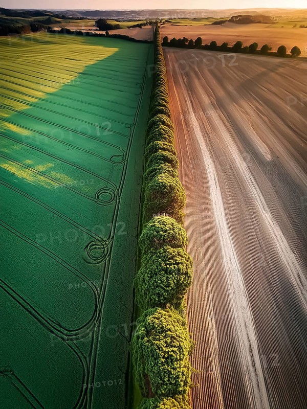 Field hedges from above, between the fields serve as biotope and protection against soil erosion, environmental protection, climate change, AI generated, AI generated