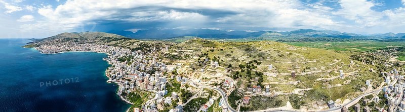 Panorama of Saranda from a drone, Albanian Riviera, Albania, Europe
