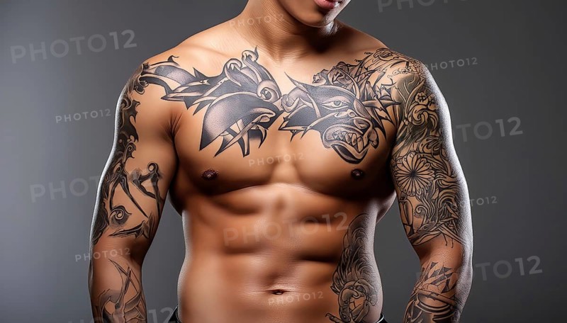 Muscular man with large black tribal tattoos on chest and arms, Asian art motifs, AI generated, AI generated