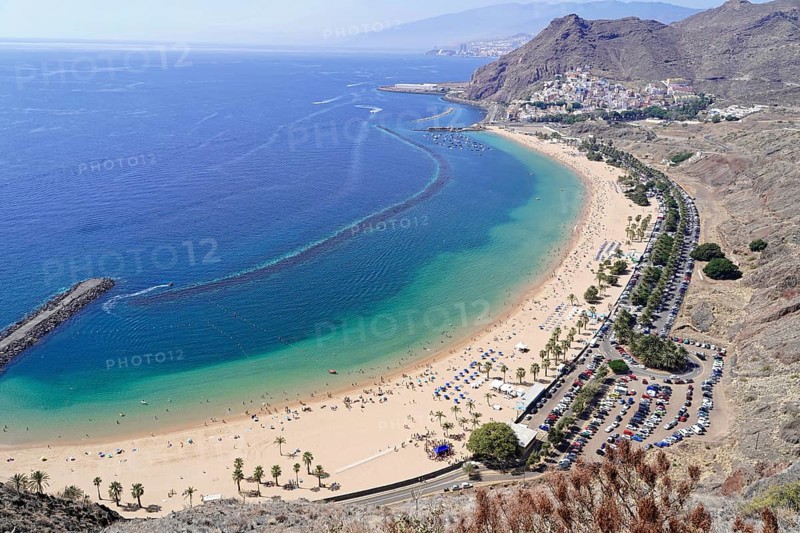 Sandy beach beach Playa de Las Teresitas, near San Andres, Tenerife, Canary Islands, Spain, Europe, Panoramic view of an extensive sandy beach with picturesque coastline and clear blue water, Europe