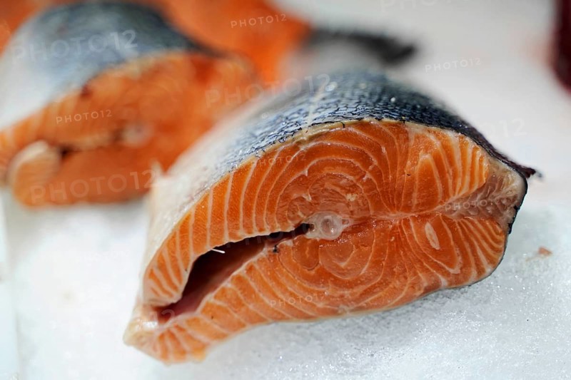 Market hall, Mercado de Nuestra Senora de Africa, Santa Cruz de Tenerife, Tenerife, Canary Islands, Spain, Europe, Slices of salmon in bright orange on ice, Europe