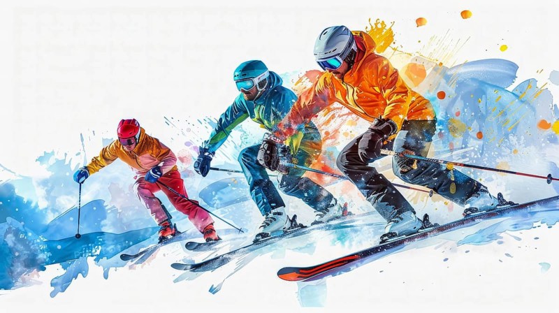 Three skiers in colorful outfits skiing down a slope with dynamic motion and splashes of snow, AI generated