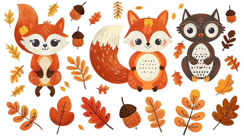 Cute baby foxes and an owl with acorns and autumn leaves creating a playful fall scene, AI generated