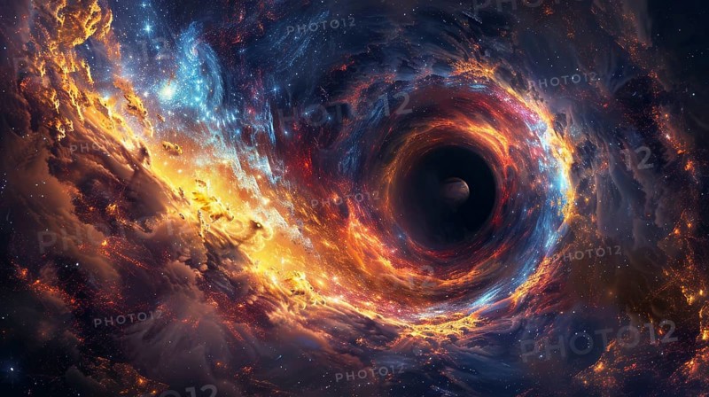 A black hole at the center of swirling, colorful cosmic gases and bright nebulas, AI generated