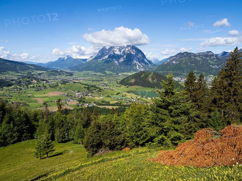 Grimming, Kammspitze, high Dachstein, Putterer See, view from the Stalingrad Chapel into the Enns Valley, Styria, Austria, Europe